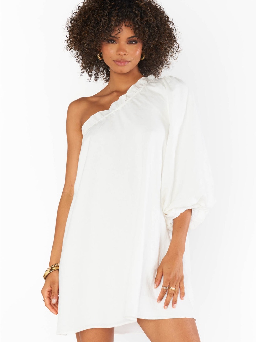 Show Me Your Mumu White One Shoulder HIGH VOLUME MINI DRESS Size Small NWT